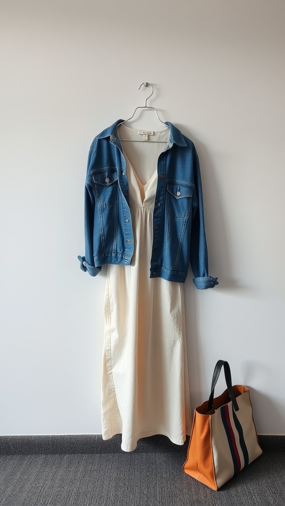 A denim jacket layered over a cream slip dress with a colorful tote bag