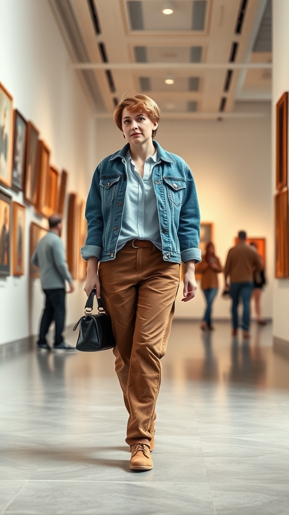 A person walking in an art gallery wearing a denim jacket and chinos.