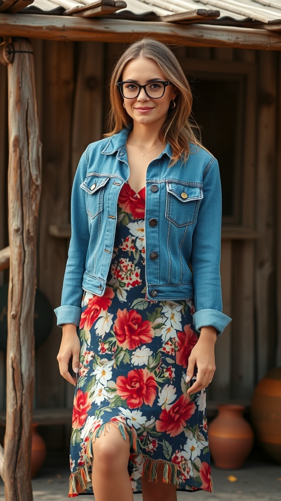 Woman wearing a denim jacket over a floral dress.