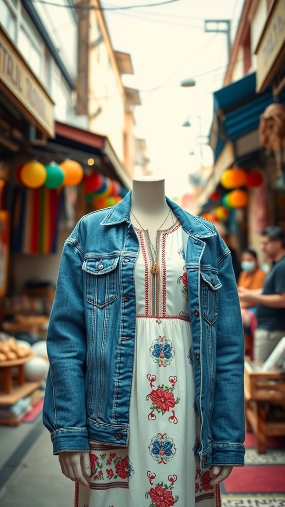 A mannequin wearing a denim jacket over a traditional embroidered dress in a colorful street setting.