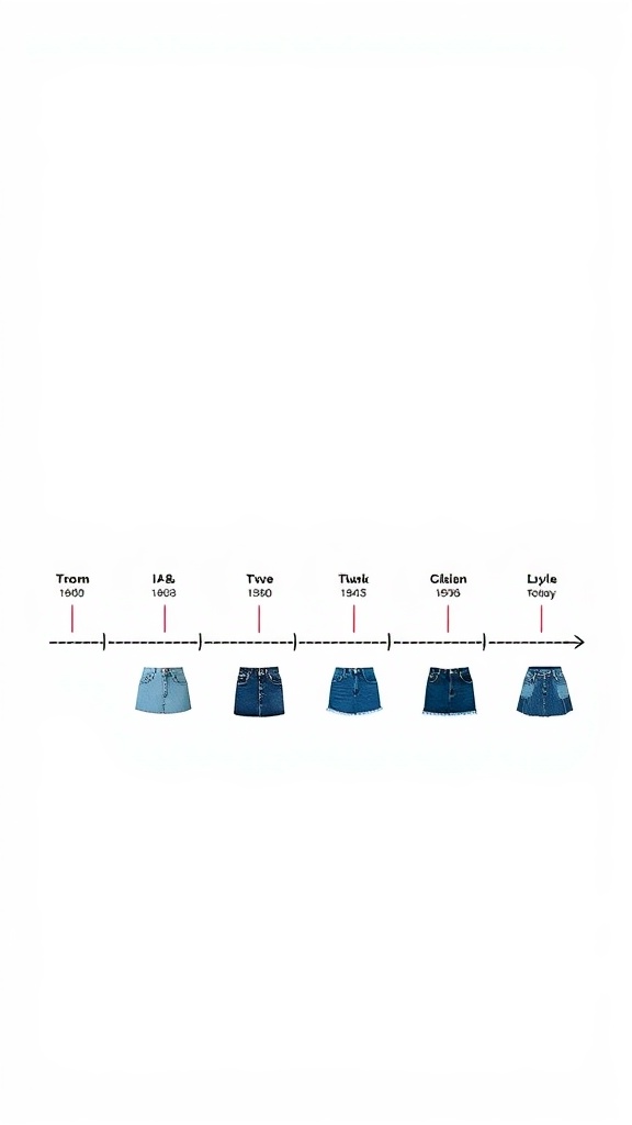 Timeline of denim mini skirt trends from the 1600s to today.