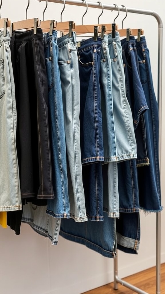 A variety of denim mini skirts hanging on a rack