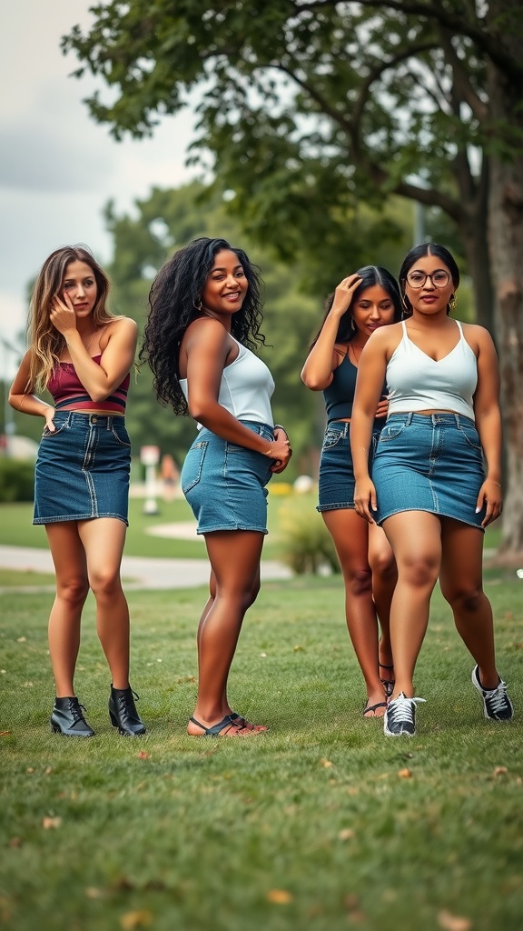Four individuals wearing denim mini skirts, showcasing different styles and body types.