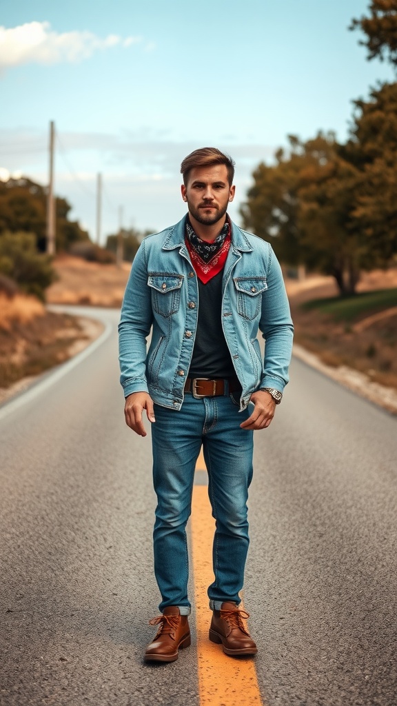 A man wearing a denim jacket, jeans, and brown boots, standing on a country road.