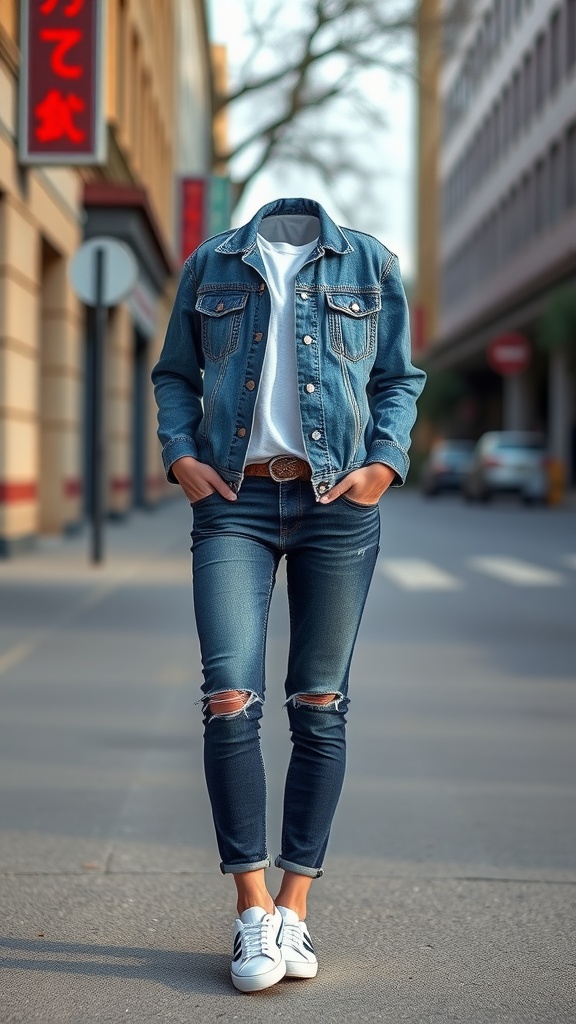 Casual outfit featuring a denim jacket, white t-shirt, and ripped jeans, complemented by white sneakers.