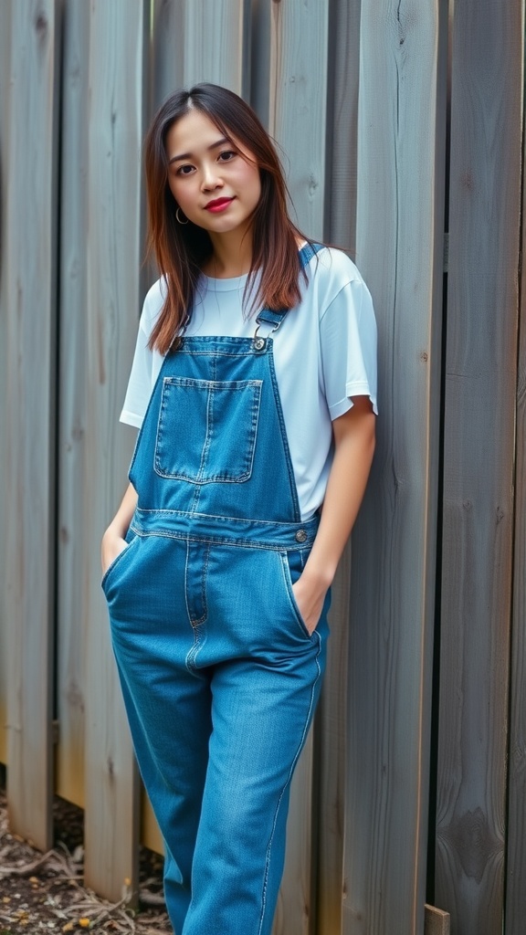 A woman wearing denim overalls and a basic white tee stands by a wooden fence.
