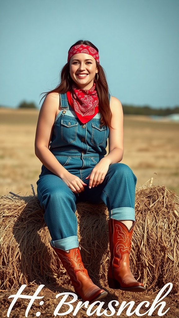 A woman wearing denim overalls, a red bandana, and cowboy boots, sitting on a hay bale in a rustic setting.