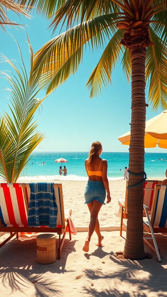 A woman in a yellow crop top and denim skirt walking towards the beach, with palm trees and beach chairs in the background.