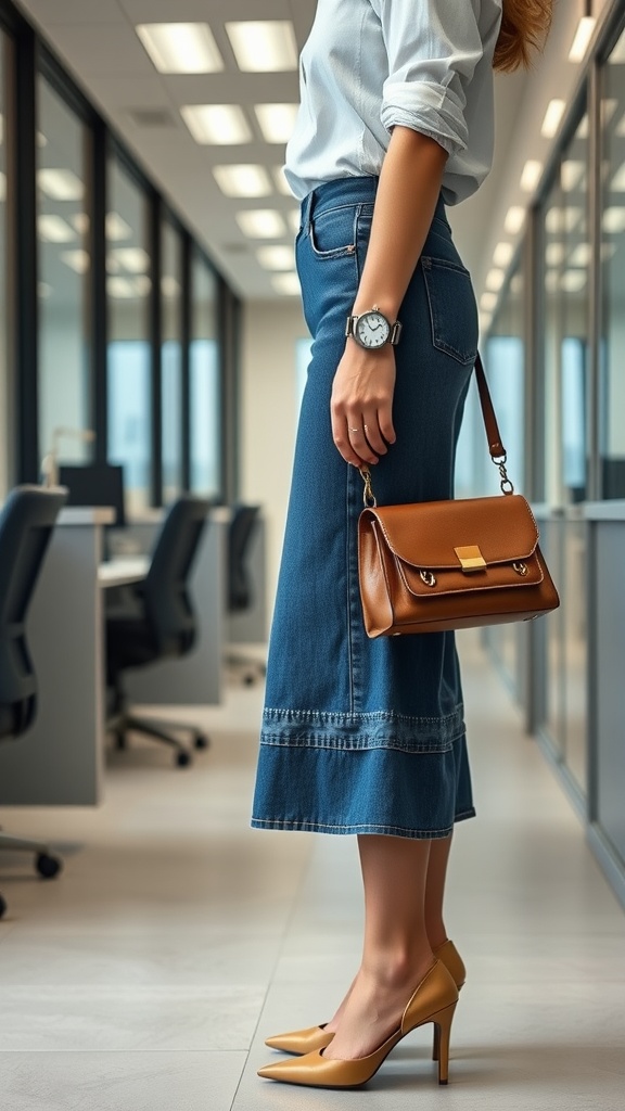 A woman wearing a denim skirt, stylish blouse, and smart accessories in a modern office setting.