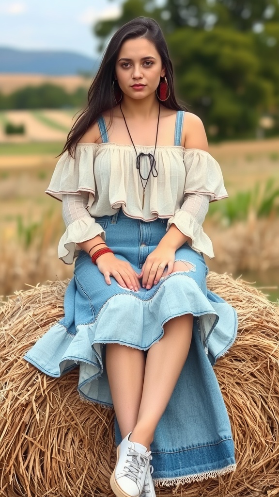 A woman sitting on a hay bale wearing a denim skirt and a bohemian top.