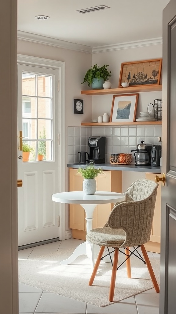 Cozy coffee corner in a kitchen with a small table, chair, coffee maker, and plants.
