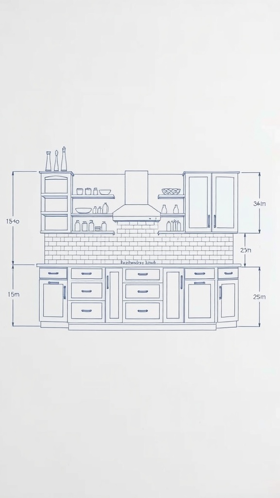 Blueprint of a kitchen island layout with measurements and storage options.