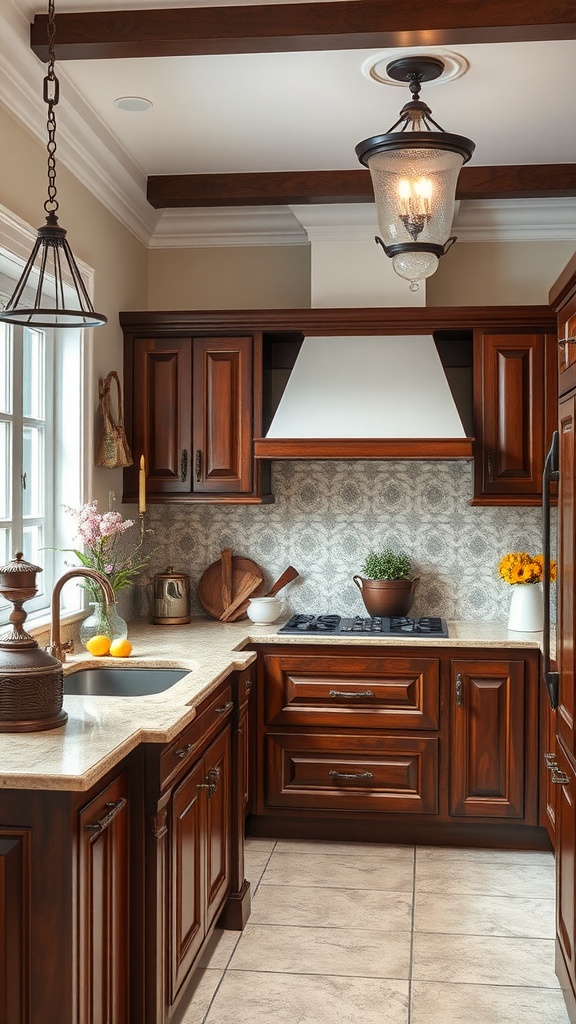 Cozy kitchen with rich brown cabinets and light countertops