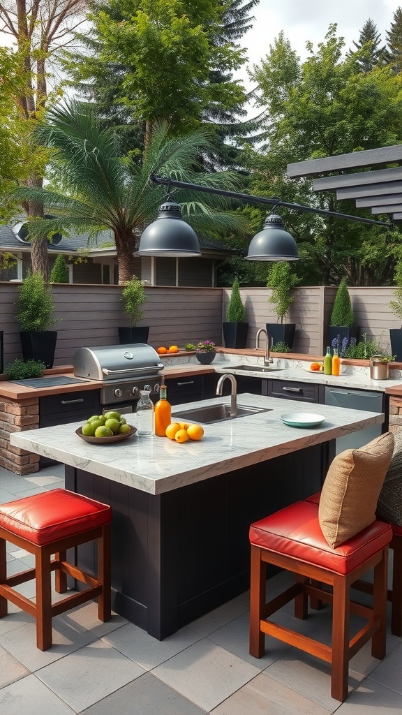 Stylish outdoor kitchen island featuring a grill, modern seating, and fresh fruits.