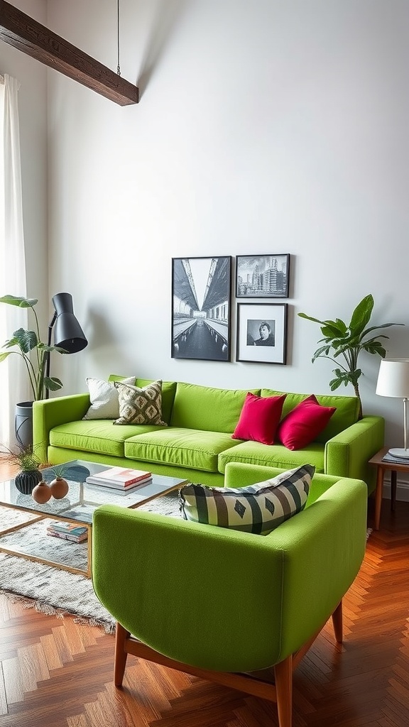 Living room with a bold green couch, stylish cushions, and modern decor.