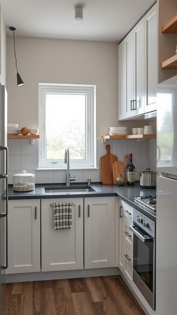 Small kitchen with white cabinets and open shelves