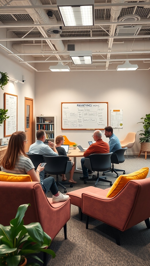 A modern corporate office workspace designed for collaboration, featuring comfortable seating, a central table, and whiteboards for brainstorming.