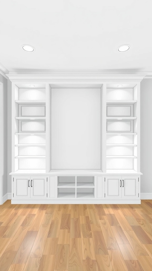 A modern white built-in shelving unit in a living room with open shelves and cabinets