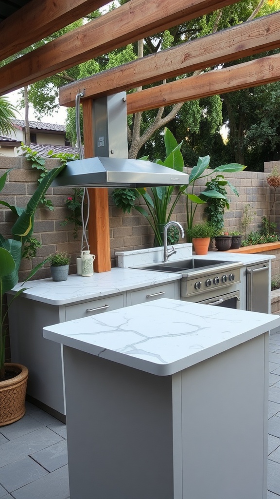 A small outdoor kitchen featuring a modern design with a stainless steel hood, sleek countertops, and surrounding greenery.