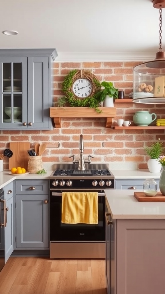 A farmhouse kitchen with a brick backsplash, gray cabinets, wooden shelves, and bright accents.