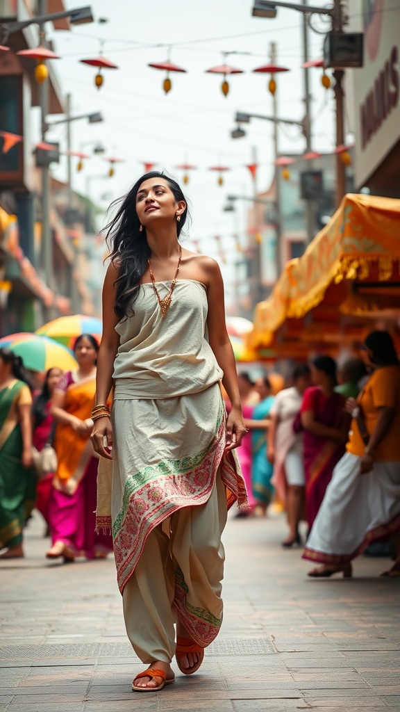 A woman wearing dhoti pants and a tunic walking in a colorful market