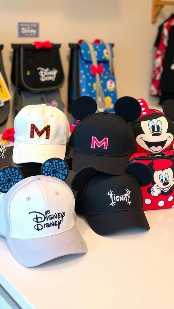 An assortment of Disney-themed hats and bags including Mickey Mouse designs.