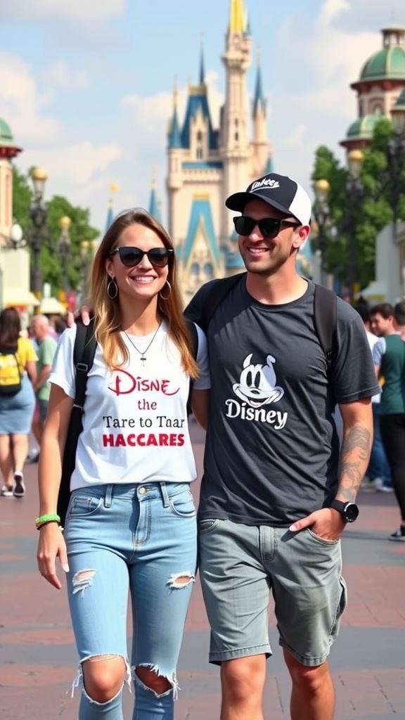 A couple wearing Disney-themed casual outfits at a Disney park