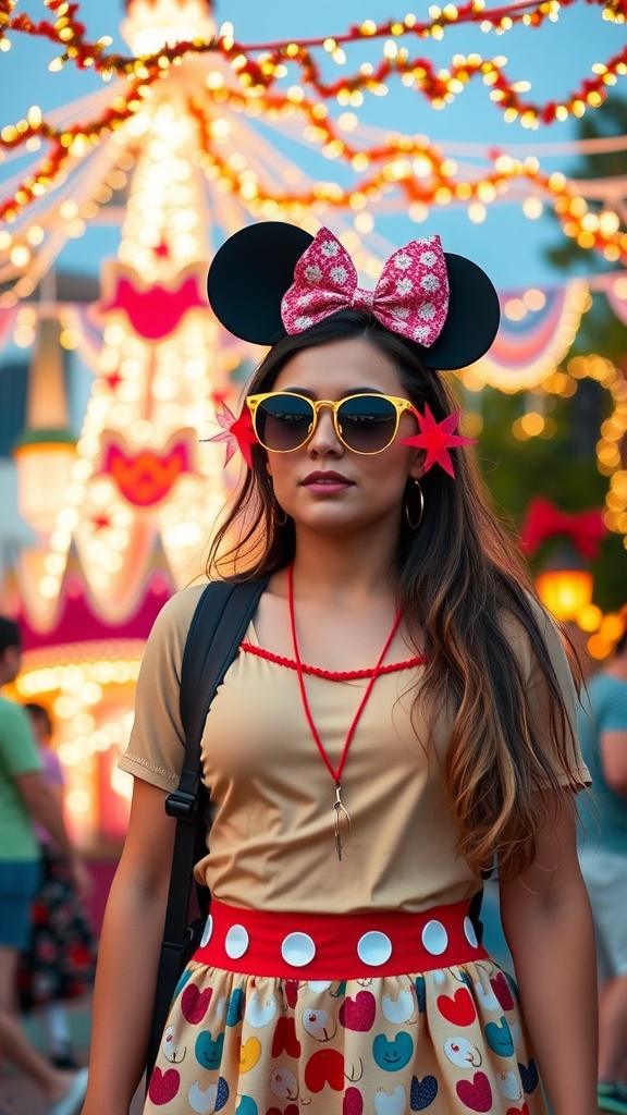 A young woman in a Mickey Mouse-themed outfit at a colorful festival.
