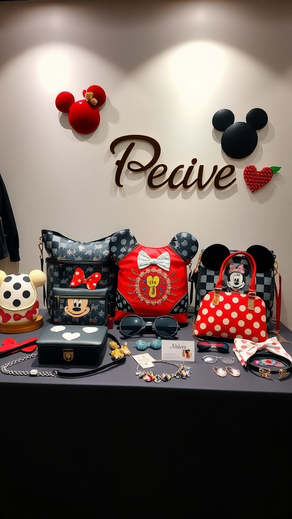 A display of Disney-themed accessories including bags and jewelry featuring Minnie Mouse and Mickey Mouse designs.