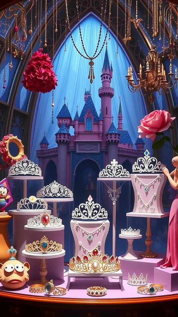A display of Disney-inspired accessories featuring tiaras, jewelry, and a castle backdrop.