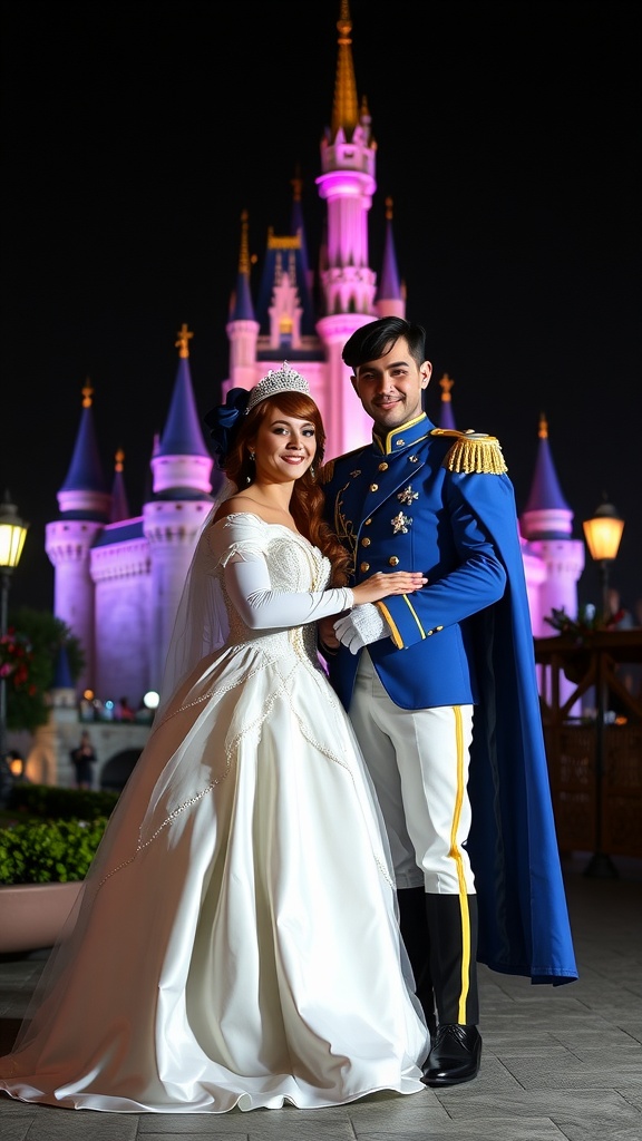 A couple dressed as a Disney princess and prince in front of a castle at night.