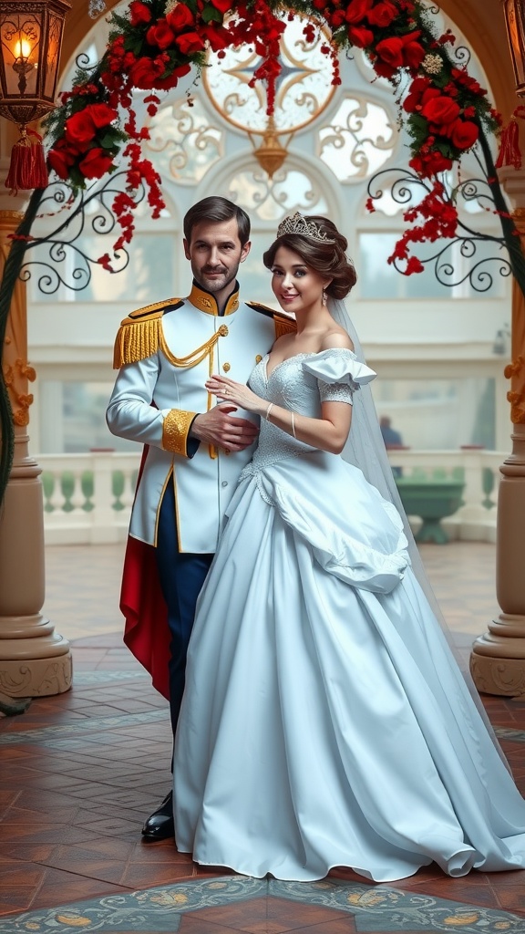 A prince in a military-style uniform stands beside a princess in a flowing gown, both looking regal in a decorated setting.