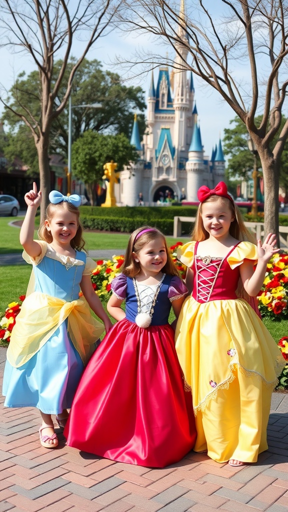 Three girls dressed as Disney princesses in front of Cinderella's Castle.