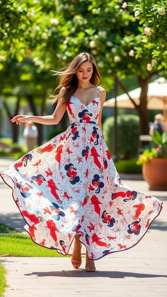 A woman wearing a Disney print maxi dress, twirling in a garden setting.