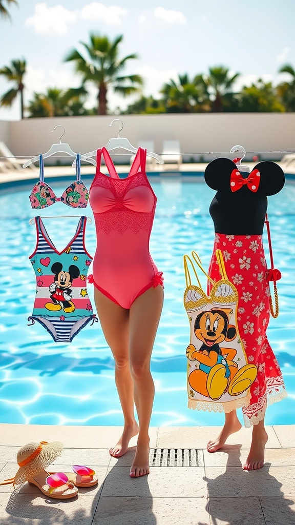 Disney themed swimwear displayed by a pool, featuring various colorful swimsuits and a beach bag