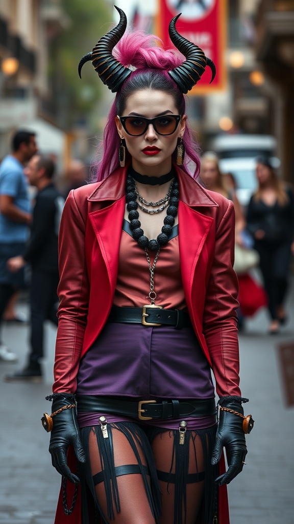 A fashionable woman in a stylish villain-inspired outfit, featuring dramatic accessories and bold colors.