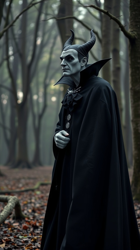 A character in a dark cape with horns, set in a misty forest.