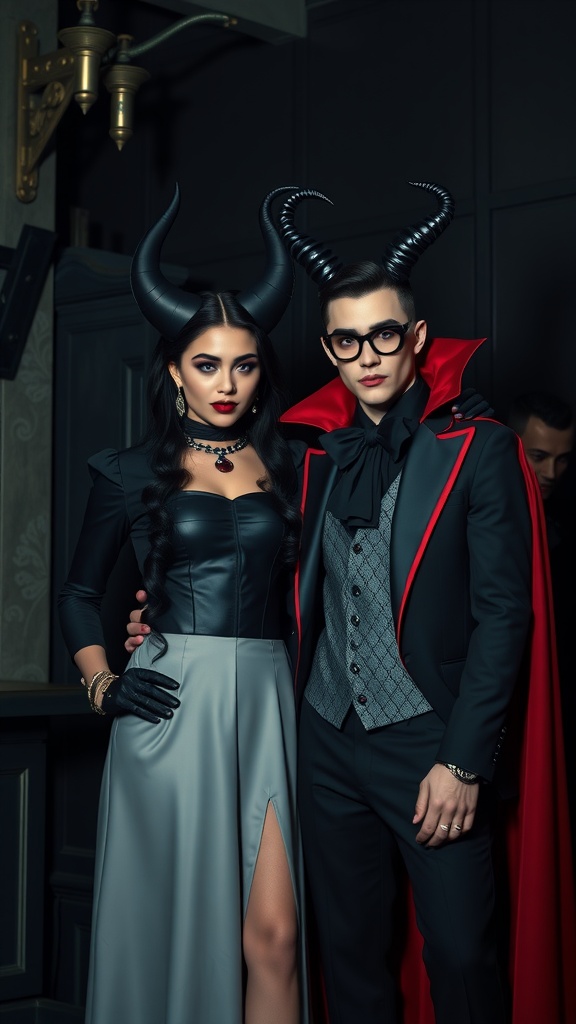 A couple dressed in Disney villain-themed outfits, with the woman in a black leather top and gray skirt, and the man in a cape and vest with horned accessories.