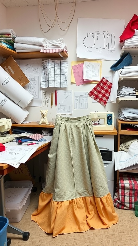 An A-line skirt displayed on a dress form in a sewing workspace, surrounded by fabric and patterns.