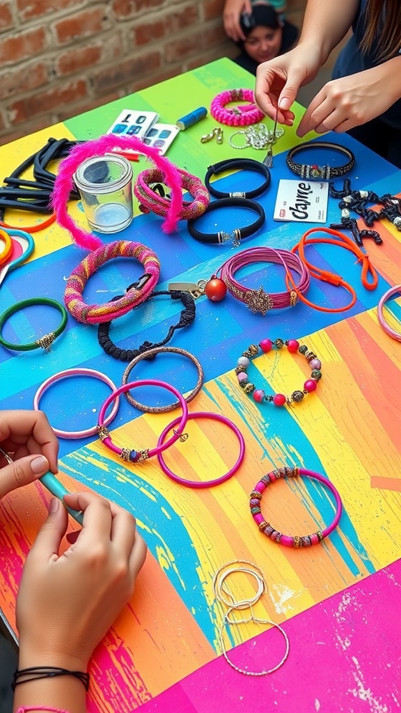 A colorful workspace with hands making DIY jewelry accessories, including bracelets and beads.