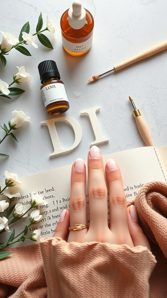 A hand with almond-shaped nails resting on a book, surrounded by essential oils and a nail care tool.