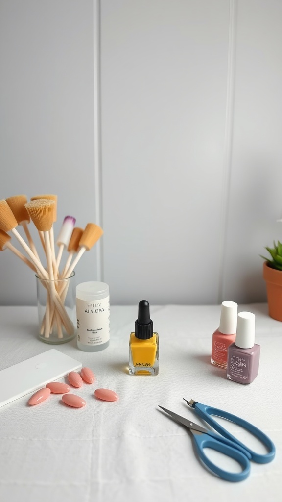 A setup for DIY almond nails featuring nail tips, colorful nail polishes, brushes, and scissors.