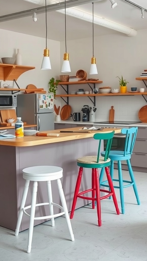Three colorful bar stools at a kitchen island with modern decor