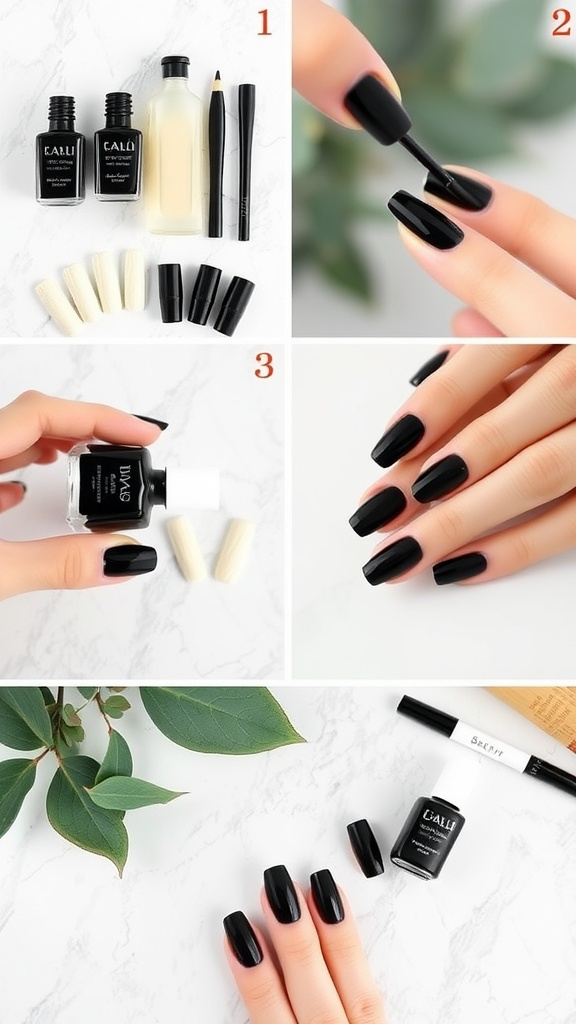 A step-by-step guide to DIY black almond nails with nail polish and tools.