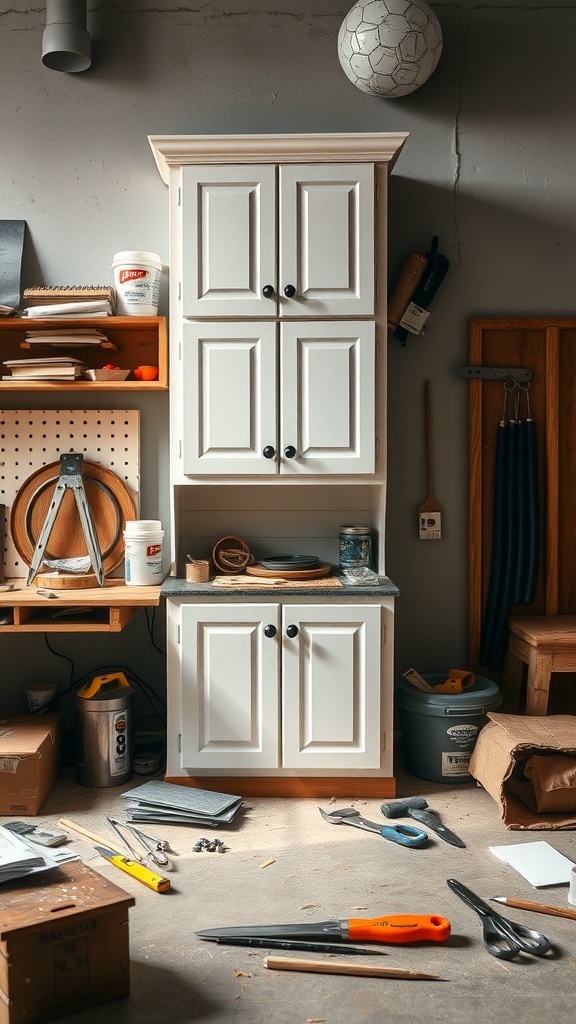 A white kitchen cabinet with tools and materials for a DIY makeover project.