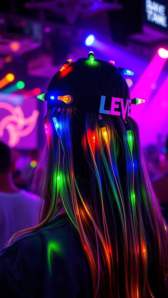 Person with colorful LED lights in their hair at a rave