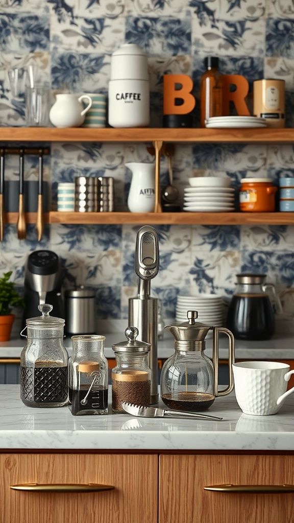 Stylish DIY coffee bar setup with various coffee containers and accessories.