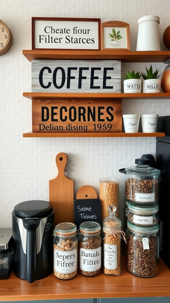 A cozy DIY coffee station with shelves displaying signs, coffee essentials, and jars of snacks.
