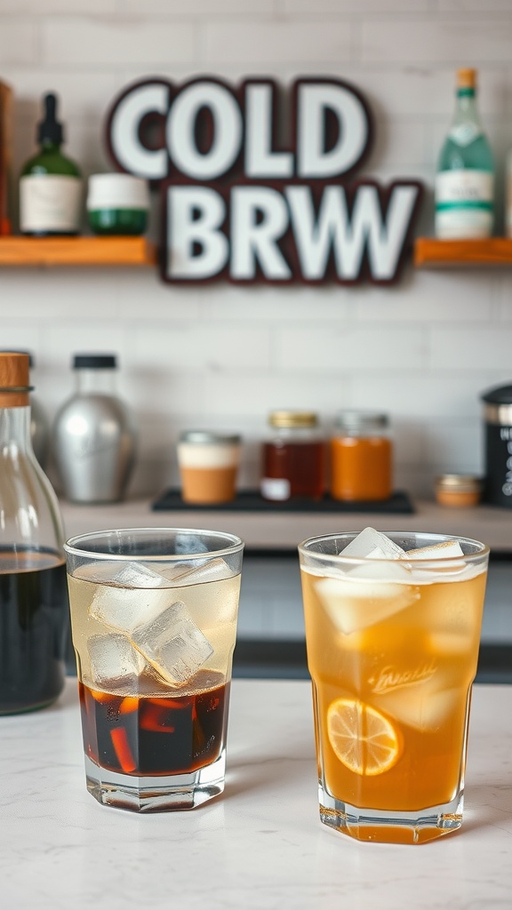 A DIY cold brew coffee bar featuring two drinks in glasses with ice, a sign reading 'COLD BRW', and various bottles in the background.