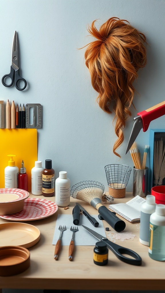 A workspace with tools and products to create a curly mullet hairstyle, including scissors, hair products, and a curly wig.